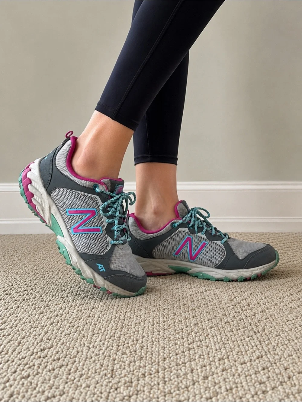 New Balance Gray Athletic Shoes with Teal and Pink Accents